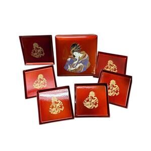 Japanese Lacquerware Box of 6 Coasters Geisha Design 2.8" Square